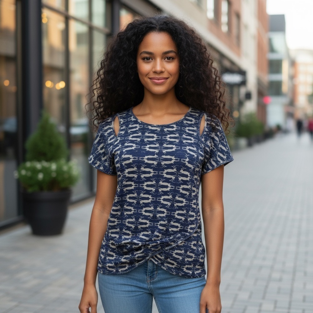 Effie’s Heart Cut Out Allover Jackalope Print Crossed Hem Top